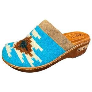 Born Womens 6 Handcrafted Bandy Blanket Clogs Blue Aztec Wool Leather Shoes New